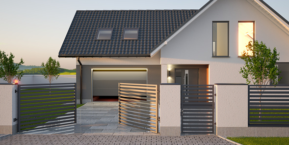Puerta automática, cerca, entrada y casa con garaje, ilustración 3D photo