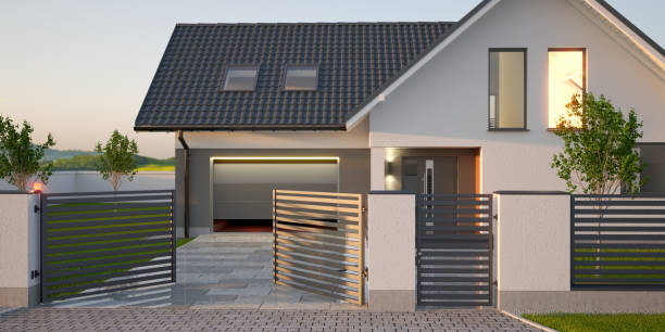 istock Automatic gate, fence, driveway and house with garage, 3d illustration 1328873467