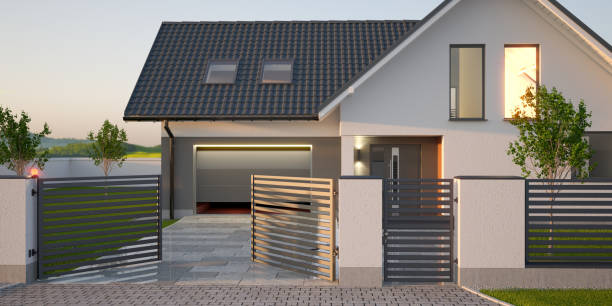 automatic gate, fence, driveway and house with garage, 3d illustration - gate imagens e fotografias de stock