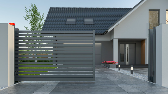 Puerta corredera automática y casa, ilustración 3D photo