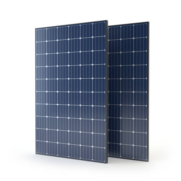 due pannelli solari su sfondo bianco - illustrazione 3d - pannelli solari foto e immagini stock