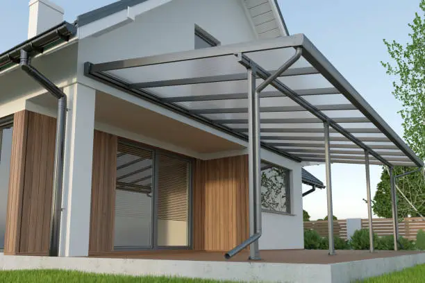 Photo of Terrace canopy, glass roof, 3d illustration