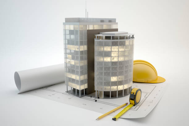 istock Architectural model of a modern office building and plans, 3d illustration 1328873766