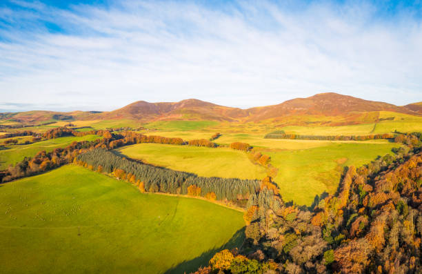 Pentland Panorama in Autumn An aerial panorama in Midlotian, Scotland, with the Pentland Hills on the horizon. midlothian scotland stock pictures, royalty-free photos & images