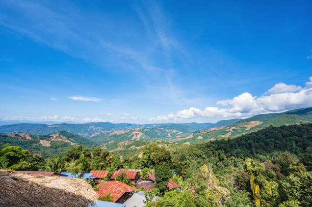 istock Beautiful mountain view and blue sky on doi sky at nan province. 1328875089