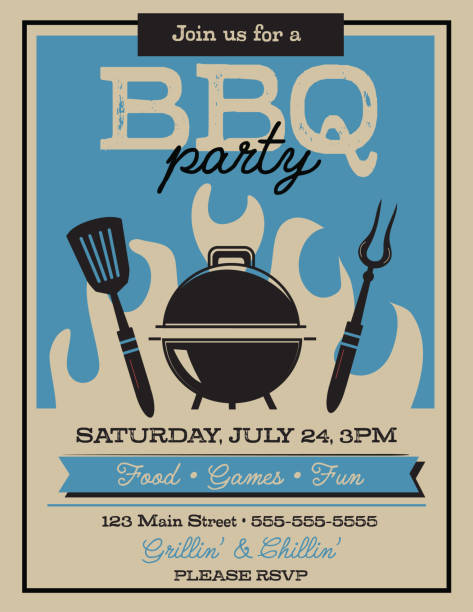 Retro Barbecue Party invitation design template for summer cookouts and celebrations Vector illustration of a retro Barbecue Party invitation design template for summer cookouts and celebrations. Includes bbq grill and utensils, placement text. Easy to edit and customize with layers. Download includes vector eps 10 and high resolution jpg. Other color variations available. bbq stock illustrations