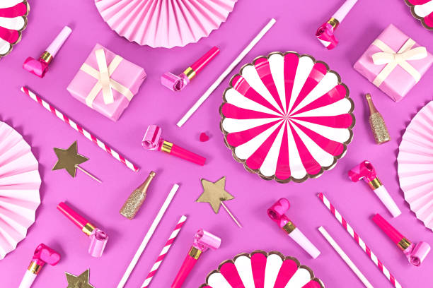 istock Colorful pink and purple party flat lay 1328876695