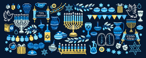 chanukka-set. große sammlung von chanukka-symbolen - hanukkah menorah judaism religion stock-grafiken, -clipart, -cartoons und -symbole