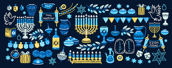 Hanukkah set. Big collection of cartoon colorful Hanukkah symbols with menorah, bunting, coins, oil isolated on white background