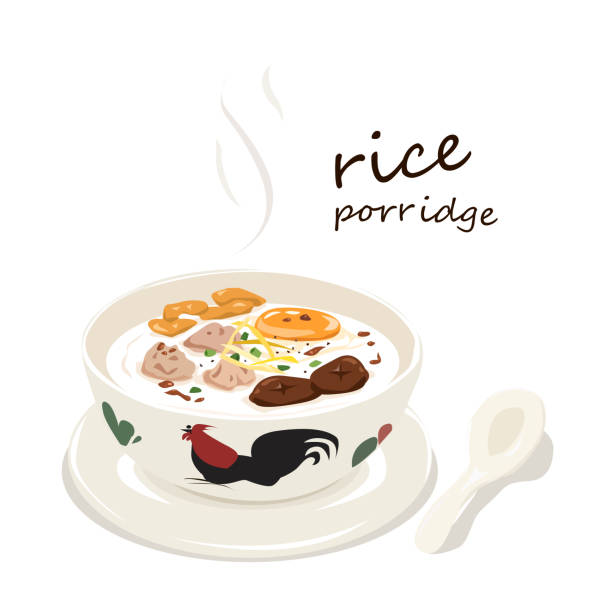 ilustrações, clipart, desenhos animados e ícones de mingau de arroz com carne de porco picada, ovo e massa crocante. - thai culture thai cuisine spice ingredient