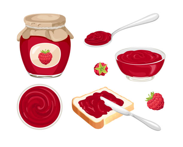 Raspberry jam set. Confiture spread on piece of toast bread, knife, glass jar with jelly, spoon, bowl and fresh red berry isolated on white background. Vector food illustration in cartoon flat style. Raspberry jam set. Confiture spread on piece of toast bread, knife, glass jar with jelly, spoon, bowl and fresh red berry isolated on white background. Vector food illustration in cartoon flat style. gelatin dessert stock illustrations
