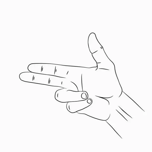 Vector illustration of Hand gun or pistol gesture. Line hand drawn sketch. Vector