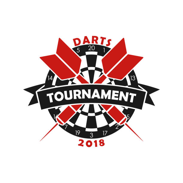 ilustrações de stock, clip art, desenhos animados e ícones de darts tournament logo. template for sport championship emblem with dart, dartboard and ribbon. vector - sports league