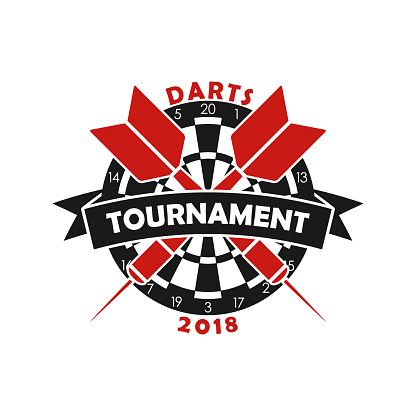 Darts tournament logo. Template for sport championship emblem with dart, dartboard and ribbon. Vector illustration.