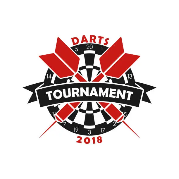Vector illustration of Darts tournament logo. Template for sport championship emblem with dart, dartboard and ribbon. Vector