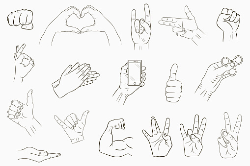 Hand gestures set. Collection of hand-drawn signs. Vector illustration.