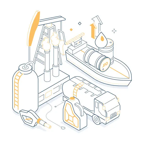 Vector illustration of Oil industry - isometric yellow and black line illustration