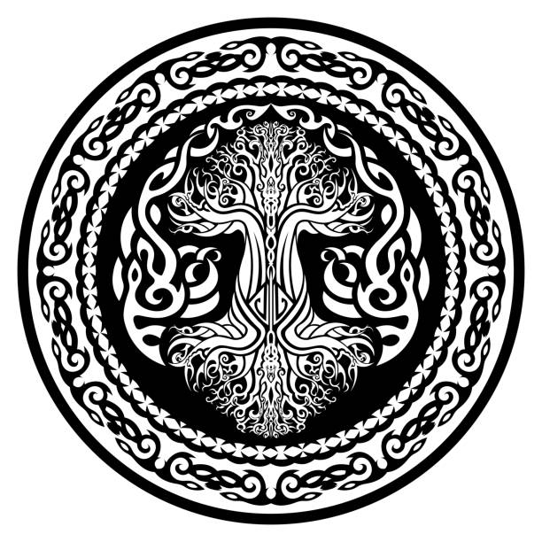 ilustraciones, imágenes clip art, dibujos animados e iconos de stock de amuleto ornamental con yggdrasil, árbol vikingo de la vida en estilo tribal celta - yggdrasil