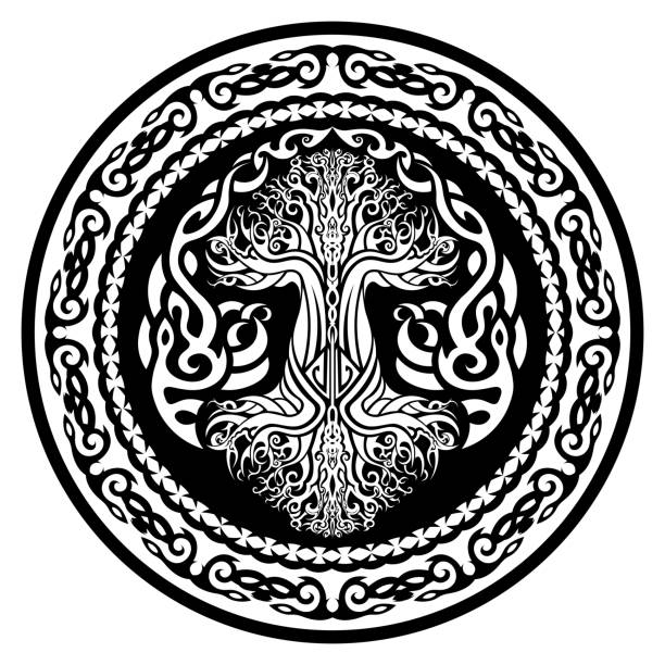 illustrations, cliparts, dessins animés et icônes de amulette ornementale à l’yggdrasil, arbre de vie viking dans le style tribal celtique - yggdrasil