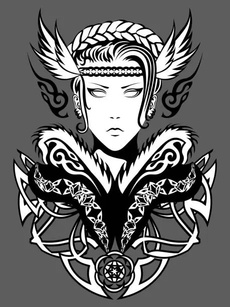Vector illustration of fantasy portrait of valkyrie in winged helmet and viking ornament