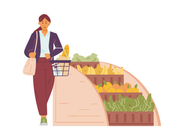 買い物かごを手にした若い女性は、スーパーマーケットで食料品を買います。 - vegies vegetable basket residential structure点のイラスト素材／クリップアート素材／マンガ素材／アイコン素材