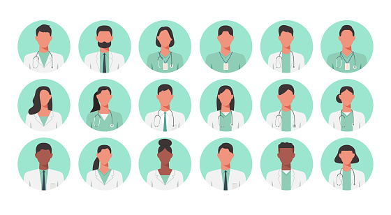 People portraits of faceless males, females doctor and nurse, men and women face avatars isolated at round icons set, vector illustration