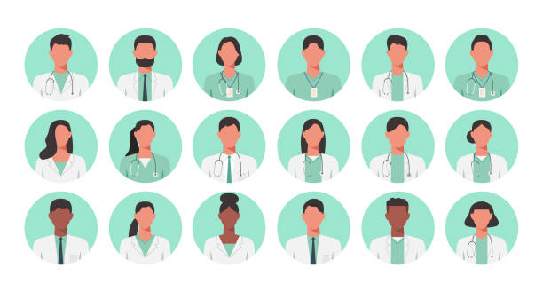 People portraits of faceless males, females doctor and nurse People portraits of faceless males, females doctor and nurse, men and women face avatars isolated at round icons set, vector illustration no emotion stock illustrations