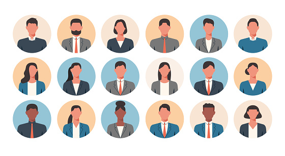 People portraits of faceless businessmen and businesswomen, men and women face avatars isolated at round icons set, vector illustration