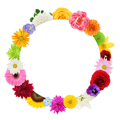 White round border surrounded by colorful flowers - add your own text!