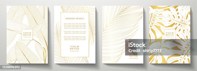 istock Tropical gold cover design set. Floral background with golden line pattern of exotic leaf (palm, banana tree) 1328896392
