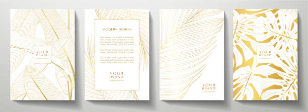 Tropical gold cover design set. Floral background with golden line pattern of exotic leaf (palm, banana tree) Elegant vector collection for wedding invite, brochure template, restaurant menu invitation stock illustrations