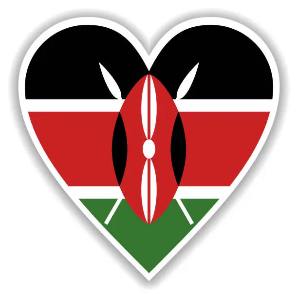 Vector illustration of Flag of Kenya in heart with shadow and white outline