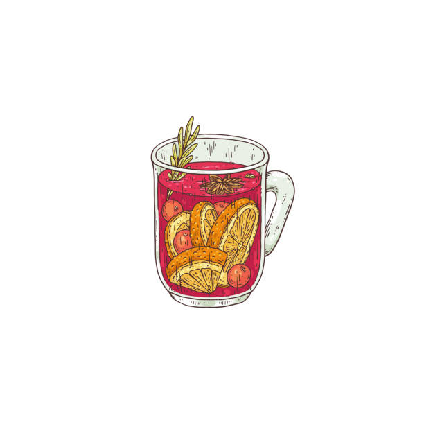 ilustrações, clipart, desenhos animados e ícones de caneca de vinho mulled com alecrim e ilustração vetorial laranja isolada. - orange portion fruit drink