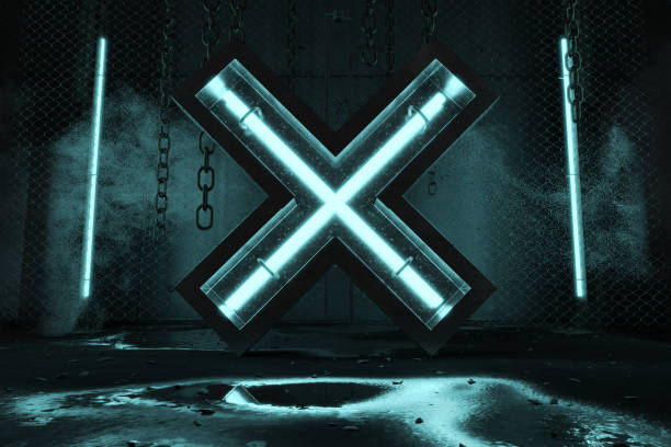 istock 3d rendering of blue lighten X framed shape next to concrete pillars and fence 1328897445