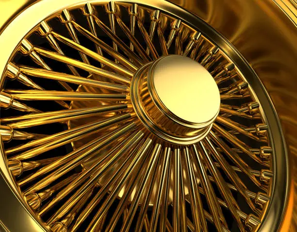 Digitally 3D rendered triple gold low rider wire wheel with studio lighting.