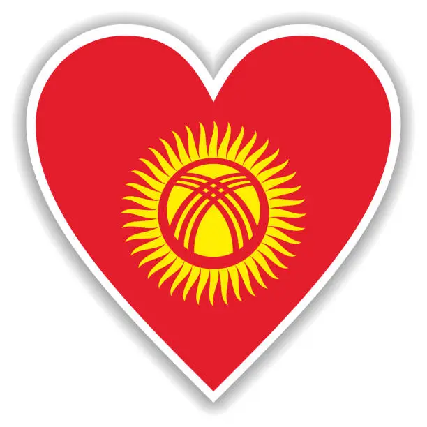 Vector illustration of Flag of Kyrgyzstan in heart with shadow and white outline