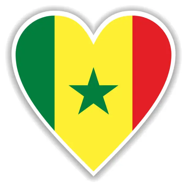 Vector illustration of Flag of Senegal in heart with shadow and white outline