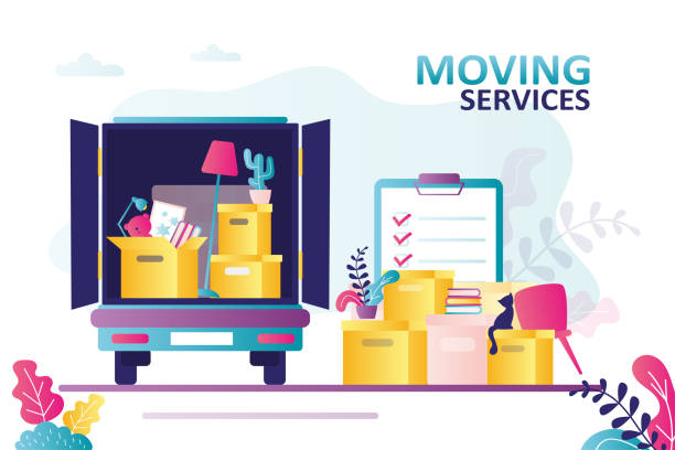 다양한 상자와 가구로 가득 찬 트럭. 트럭은 새로운 집에 고객의 물건을 운반 - moving van relocation motion physical activity stock illustrations