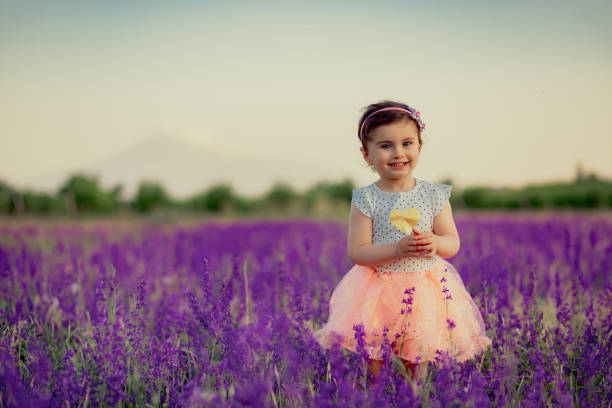 fashionable smiling little girl standing in lavender field in the evening - armenian ethnicity imagens e fotografias de stock