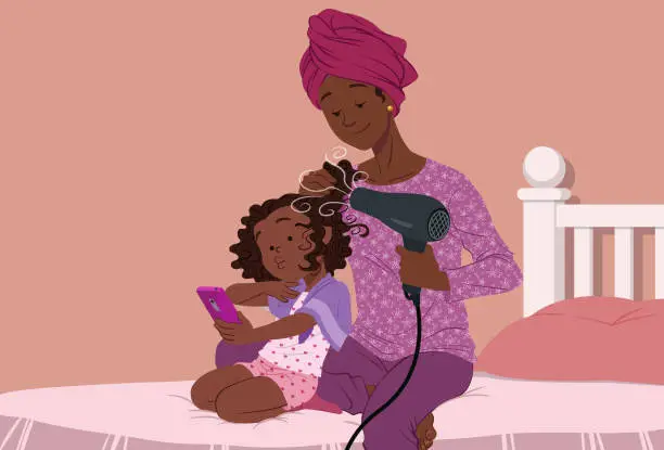 Vector illustration of Taking care of daughter's hair