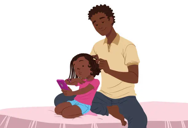 Vector illustration of Taking care of daughter's hair