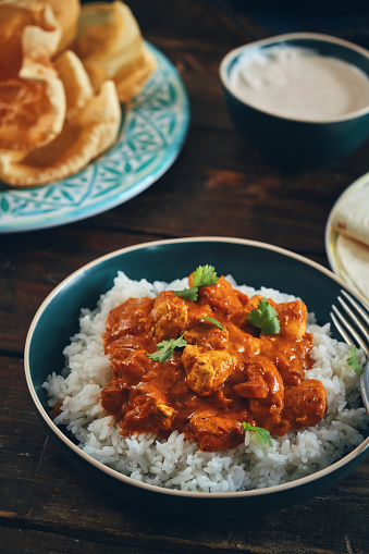 Indian Chicken Curry with Rice, Naan Bread and Pappadom