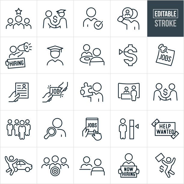 Hiring Thin Line Icons - Editable Stroke A set of hiring icons that include editable strokes or outlines using the EPS vector file. The icons include jobseekers, hiring manager hiring new graduate, job candidate being selected for job, recruiter seeking for job candidates, hiring manager with bullhorn, help wanted sign, now hiring sign, graduate, job interview, job benefits, pay scale, jobs, hand holding resume, job candidate with puzzle piece, job fair, handshake offering new job, standout job candidate, employee search, job search, employee skillset, company car, worker with target, human resources manager, new job and other related icons. interview event symbols stock illustrations