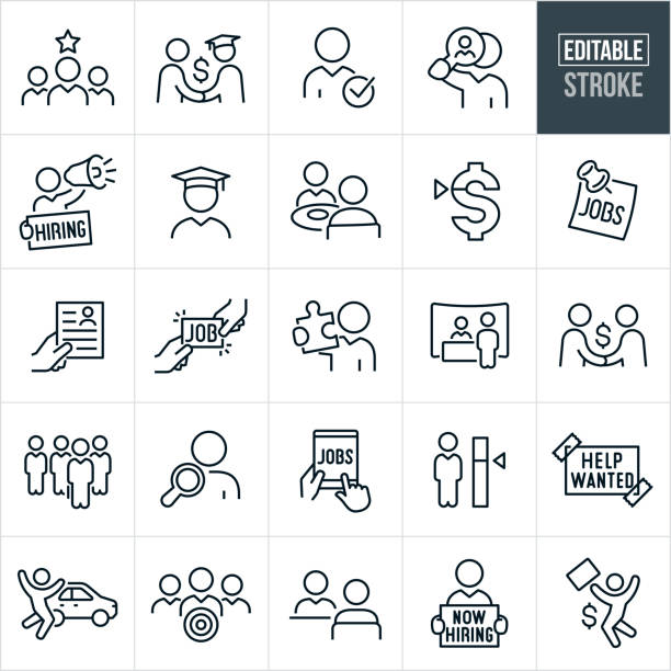 Hiring Thin Line Icons - Editable Stroke A set of hiring icons that include editable strokes or outlines using the EPS vector file. The icons include jobseekers, hiring manager hiring new graduate, job candidate being selected for job, recruiter seeking for job candidates, hiring manager with bullhorn, help wanted sign, now hiring sign, graduate, job interview, job benefits, pay scale, jobs, hand holding resume, job candidate with puzzle piece, job fair, handshake offering new job, standout job candidate, employee search, job search, employee skillset, company car, worker with target, human resources manager, new job and other related icons. hireage stock illustrations