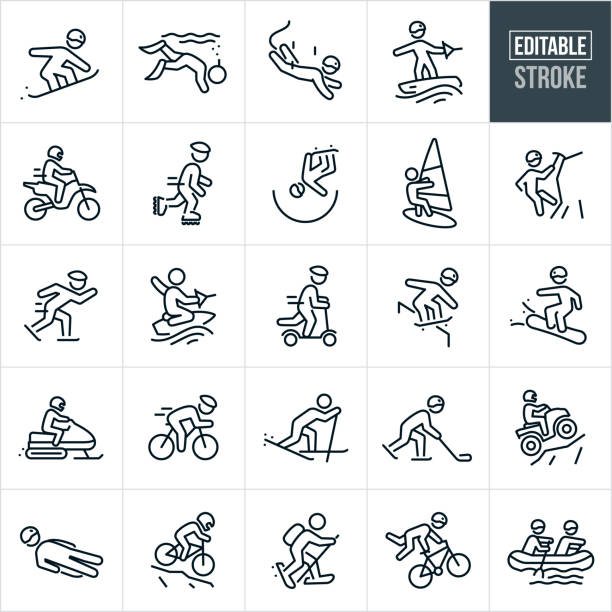 ilustraciones, imágenes clip art, dibujos animados e iconos de stock de iconos de línea delgada de deportes extremos - trazo editable - bmx cycling bicycle cycling sport