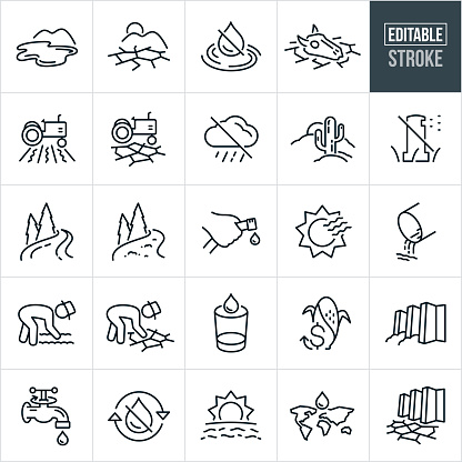 A set of drought icons that include editable strokes or outlines using the EPS vector file. The icons include a full and dried up lake, lack of water, animal skull in desert, dried up farm fields, no rain, cactus in the desert, water restrictions, full and dried up river, blazing hot sun, water pipe with trickle of water, farmer inspecting dried up crop field, glass of water, corn and produce costs rising, dried up dam, turning off water spigot, no rain cycle, scorching sun and other drought related icons.