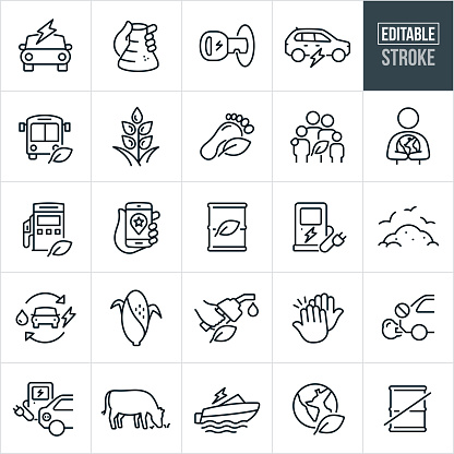 A set of alternative fuel icons that include editable strokes or outlines using the EPS vector file. The icons include an electric car, hand holding a beaker of biofuel, car key with electric bolt to represent an electric car, electric SUV, biofuel bus, wheat, corn, biofuels, carbon footprint, green family, person holding the earth in arms, biofuel gas pump, ethanol fuel, electric charging station, alternative fuel in barrel, landfill, hydrogen car, high five, no emissions, cow, electric watercraft, no oil and other related icons.