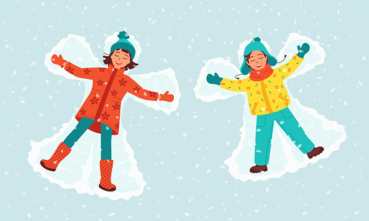 Top view on laughing children go lying on snow and making a snow angel. Concept of winter outdoor activities, fun, christmas holidays. Template for card, invitation. Vector illustration in flat lay