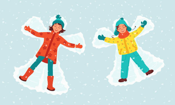 Top view on laughing children go lying on snow and making a snow angel. Concept of winter outdoor activities, fun, christmas holidays. Template for card, invitation. Vector illustration Top view on laughing children go lying on snow and making a snow angel. Concept of winter outdoor activities, fun, christmas holidays. Template for card, invitation. Vector illustration in flat lay snow angels stock illustrations