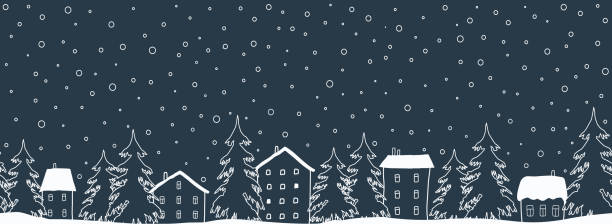 ilustrações de stock, clip art, desenhos animados e ícones de christmas background. winter landscape. seamless border. happy new year background - christmas village urban scene winter